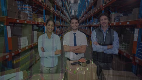 Animation-of-financial-graphs-over-happy-diverse-female-and-male-warehouse-workers