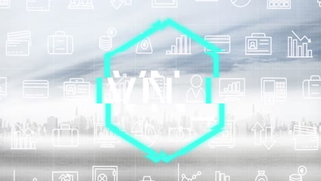 Animation-of-nft-in-hexagon-over-financial-icons-over-cityscape