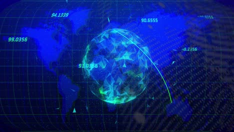 Animation-of-globe,-lines,-numbers-and-world-map-on-blue-background