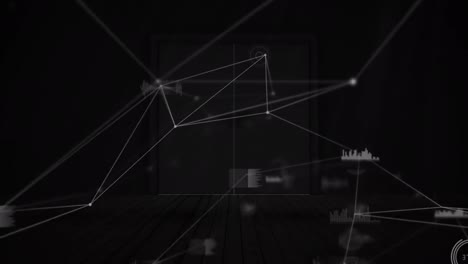 Animation-Des-Netzwerks-Von-Verbindungen-Und-Datenverarbeitung-über-Einer-Sich-öffnenden-Tür-Auf-Einem-Holzbrett