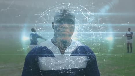 Animation-of-globe-of-connections-over-african-american-rugby-player-at-stadium