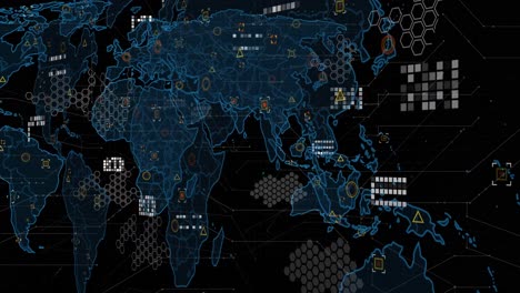 Digital-animation-of-data-processing-over-world-map-against-black-background