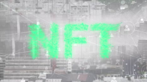 NFT-Text-Und-Netzwerk-Von-Profilsymbolen-Vor-Luftaufnahme-Des-Stadtbildes