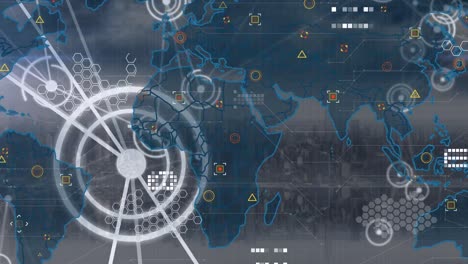 Procesamiento-De-Datos-Y-Red-De-Conexiones-Contra-El-Mapa-Mundial-Y-Vista-Aérea-Del-Paisaje-Urbano