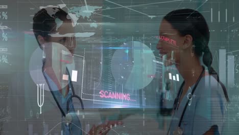 Animation-of-data-processing-over-diverse-female-doctors-talking