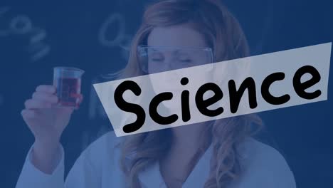 Animation-of-science-text-over-caucasian-female-scientist-in-lab
