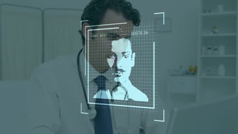 Animation-Sich-ändernder-Profilsymbole-über-Einem-Kaukasischen-Männlichen-Arzt,-Der-Im-Krankenhaus-Einen-Computer-Benutzt