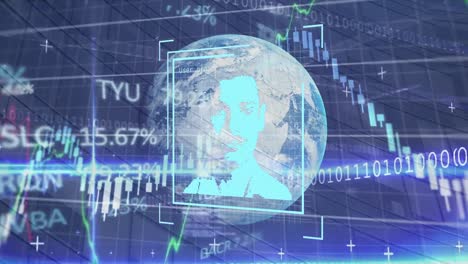 Animation-of-changing-profile-icons-over-stock-market-data-processing-and-globe-on-blue-background