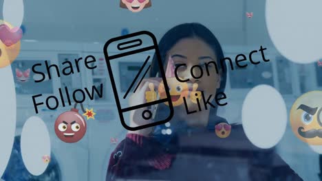 Animation-of-share-follow-connect-like-text-with-icons-over-biracial-woman-talking-on-smartphone