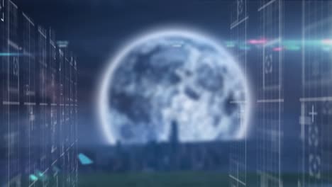 Animation-Der-Datenverarbeitung-Gegen-Mond-über-Luftaufnahme-Des-Stadtbildes