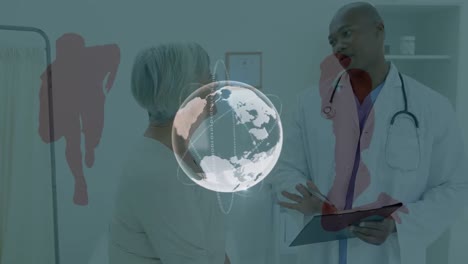 Animation-Des-Globus-über-Einem-Afroamerikanischen-Männlichen-Arzt,-Der-Mit-Einer-Kaukasischen-Patientin-Diskutiert