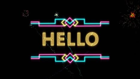 Animation-of-hello-text-over-fireworks-on-dark-background