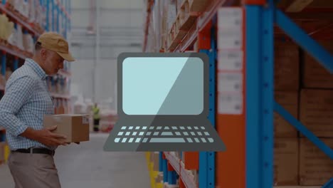 Animation-of-laptop-icon-over-caucasian-male-worker-in-warehouse