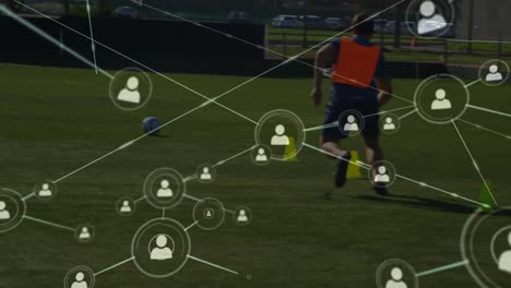 Animation-of-data-processing-over-diverse-male-soccer-players-playing