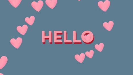 Animation-of-hello-text-and-falling-hearts-on-grey-background