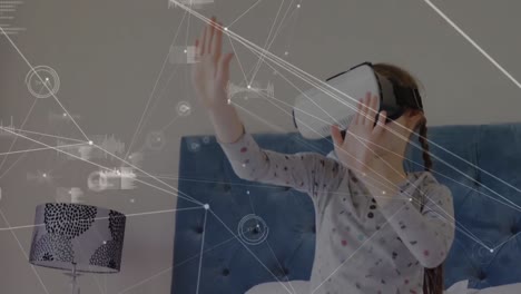 Animation-Eines-Netzwerks-Von-Verbindungen-Mit-Datenverarbeitung-über-Ein-Kaukasisches-Mädchen,-Das-Ein-VR-Headset-Verwendet