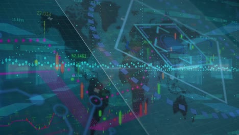 Animation-Der-Finanzdatenverarbeitung-Und-Sich-ändernder-Zahlen-Auf-Der-Weltkarte-Vor-Blauem-Hintergrund