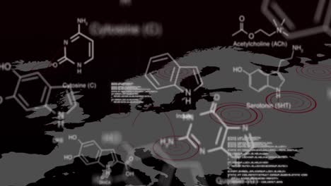 Animation-of-science-data-processing-with-world-map-over-black-background