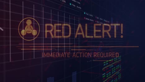 Animation-of-red-alert,-graphs-and-financial-data-over-navy-background