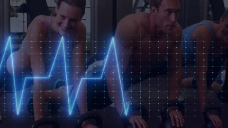 Animation-of-cardiograph-over-diverse-people-exercising