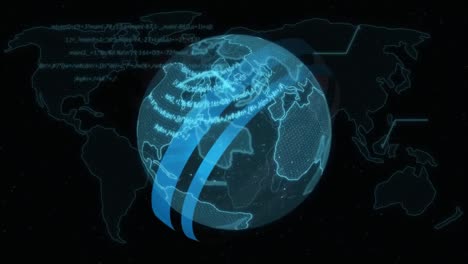 Animation-of-globe-and-data-processing-over-dark-background