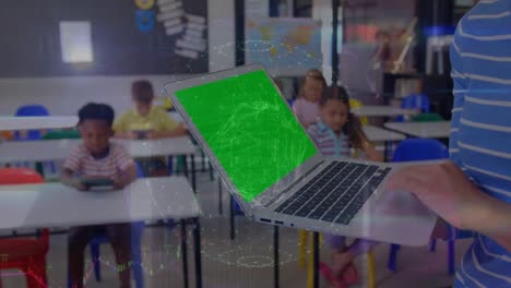 Animation-of-globe-of-network-of-connections-over-female-teacher-holding-a-laptop-with-copy-space