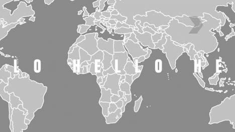 Animation-of-hello-text-over-world-map-on-grey-background
