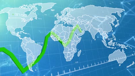 Animation-of-green-graph-moving-over-world-map-against-network-of-connections-on-blue-background