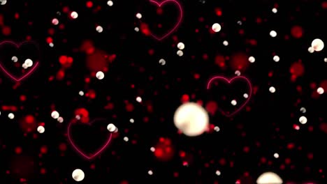Animation-of-falling-red-heart-and-glowing-spots-on-black-background