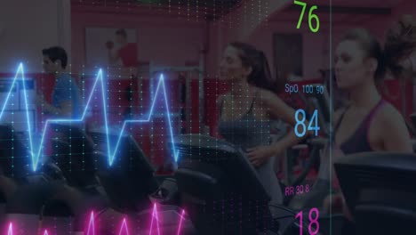 Animation-of-cardiograph-over-diverse-people-exercising