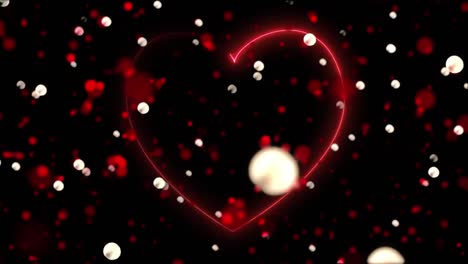 Animation-of-red-heart-and-glowing-falling-spots-on-black-background