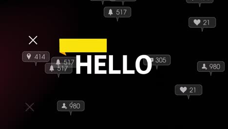 Animation-of-hello-text-and-falling-icons-on-dark-background