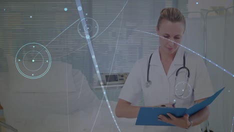 Animation-of-data-processing-over-caucasian-female-doctor-with-clipboard