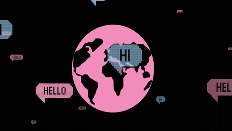 Animation-of-falling-hello-text-over-pink-globe-on-dark-background