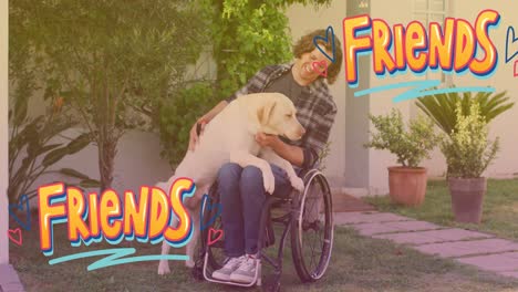 Animation-of-friends-texts-over-happy-disabled-caucasian-man-in-wheelchair-with-dog