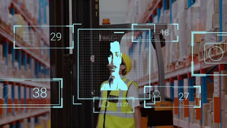 Animation-of-network-of-screens-with-digital-biometric-face-over-caucasian-man-working-in-warehouse
