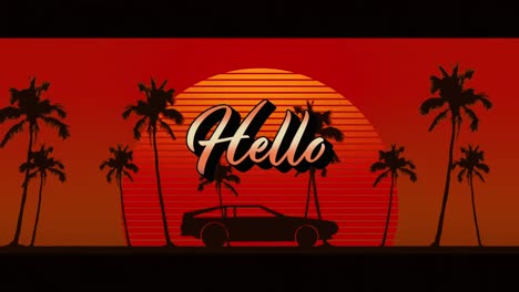 Animation-of-hello-text-over-car-and-palm-trees-on-dark-background