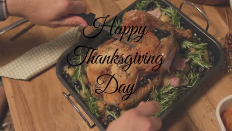 Animation-of-happy-thanksgiving-day-text-over-hands-cutting-turkey