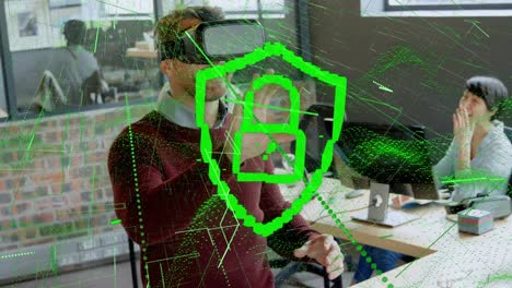Green-security-padlock-icon-and-digital-waves-over-caucasian-man-wearing-vr-headset-at-office