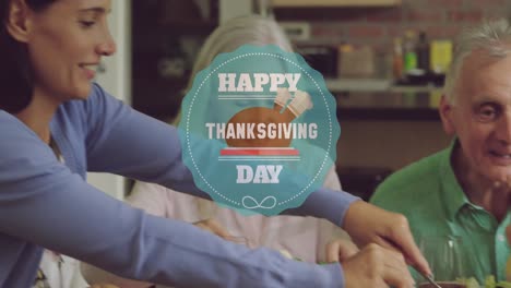 Animation-of-happy-thanksgiving-day-text-over-happy-caucasian-family-eating