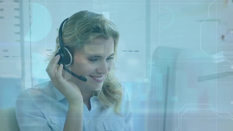 Animation-of-data-processing-over-caucasian-businesswoman-using-phone-headset