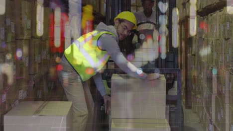 Animation-of-caucasian-male-warehouse-worker-over-blurred-night-city