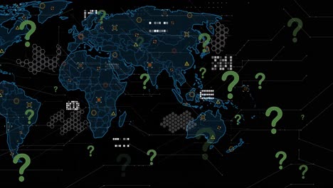 Animation-of-question-mark-icons-over-data-processing-and-world-map-on-black-background