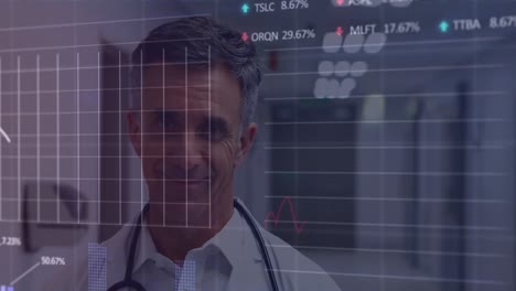 Animation-of-financial-data-and-graphs-over-happy-caucasian-senior-male-doctor