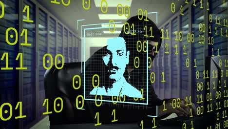 Animation-Der-Datenverarbeitung-Und-Personensymbole-über-Einem-Kaukasischen-Männlichen-Hacker,-Der-Einen-Laptop-Verwendet