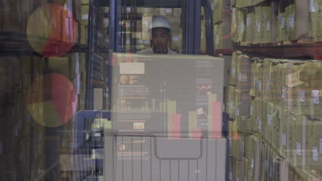 Animation-of-financial-data-over-biracial-male-warehouse-worker