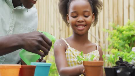 Video-of-african-american-father-and-daughter-planting-plants