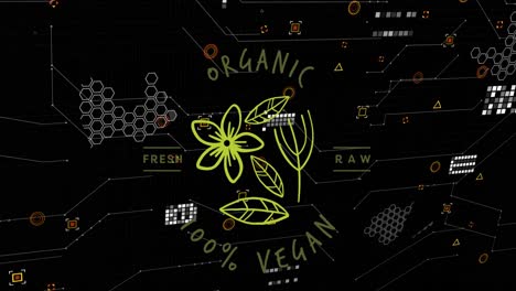 Animation-of-organic-vegan-text-with-icons-over-data-processing-on-black-background