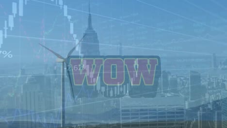 Animation-Der-Finanzdatenverarbeitung-Und-Wow-Text-über-Windkraftanlage-Und-Stadtbild