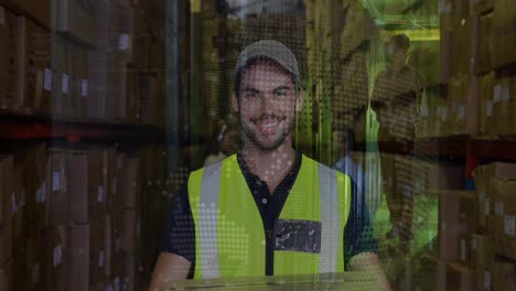 Animation-of-globe-over-happy-caucasian-warehouse-worker